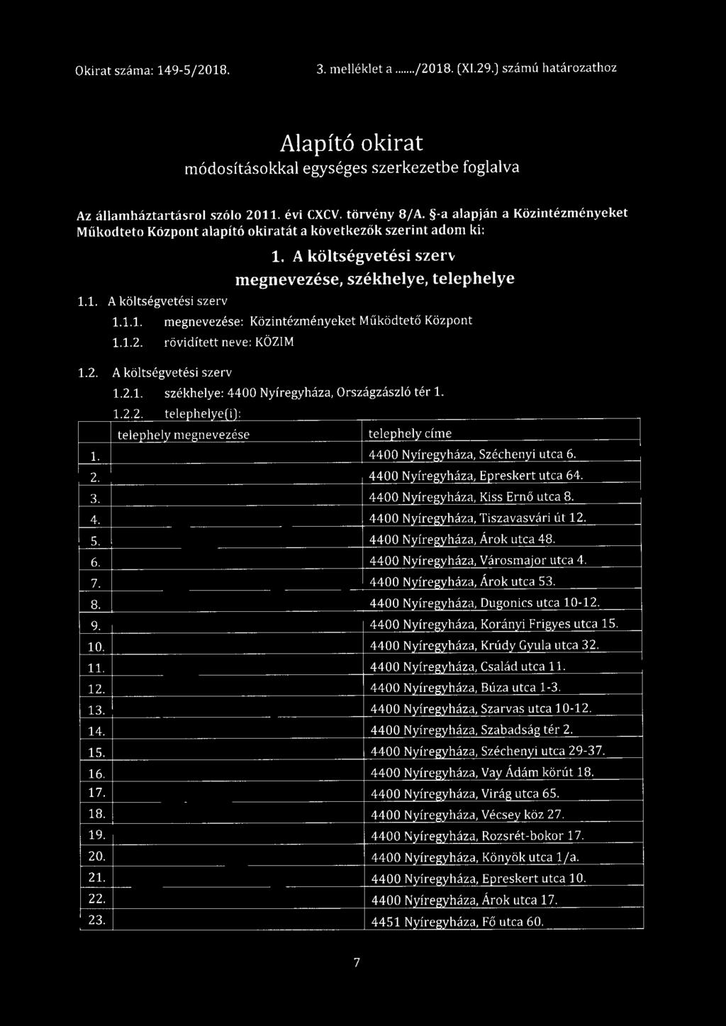 1.2. rövidített neve: KÖZIM 1.2. A költségvetési szerv 1.2.1. székhelye: 4400 Nyíregyháza, Országzászló tér 1. 1.2.2. telephelye(i): telephely megnevezése teleohely címe 1. 4400 Nyírei?