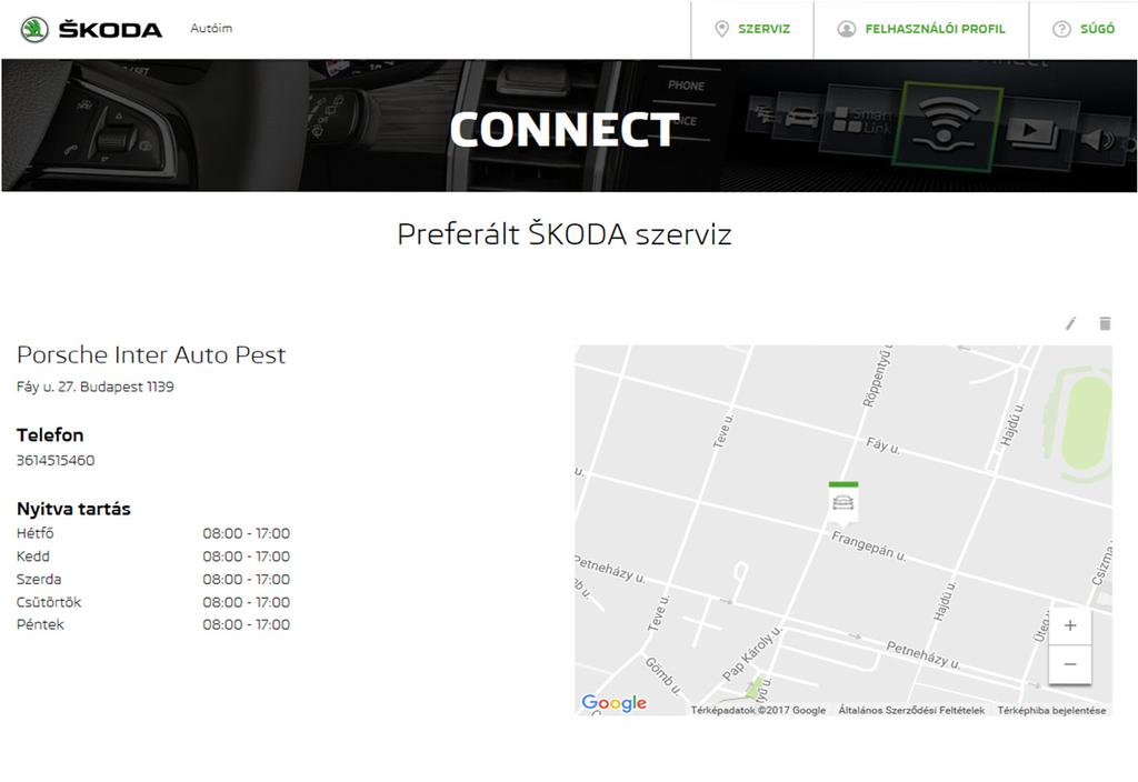 Connect Portál Preferált szervizpartner kiválasztása 3. A preferált Škoda szerviz kiválasztásának megerősítése után információk jelennek meg a kiválasztott szervizről.