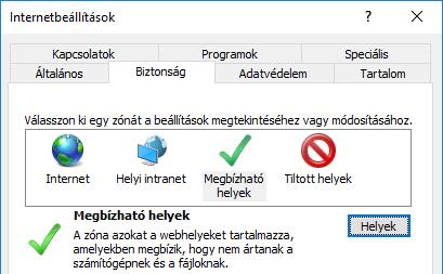 2. Megbízható helyek beállítása Az Internet Explorer böngésző Eszközök