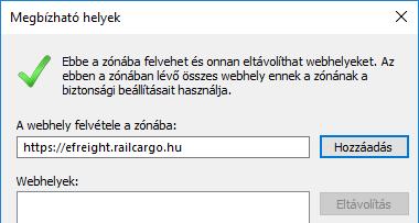 található Megbízható helyek közé fel kell venni az E-Freight-et, a