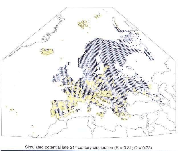 Európában -felső ábra: XX század vége -alsó ábra: XXI század vége a klíma modellek