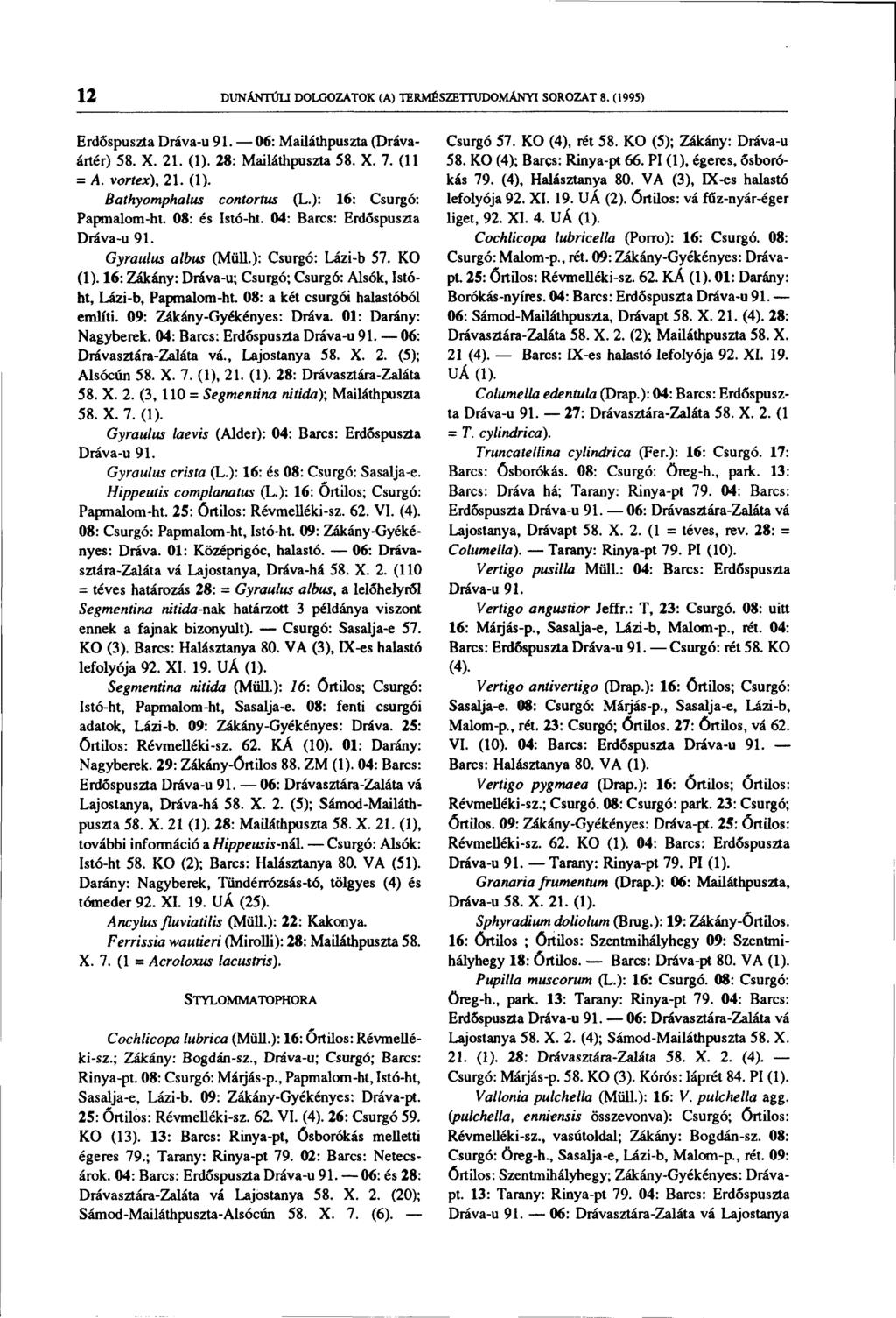 12 DUNÁNTÚLI DOLGOZATOK (A) TERMÉSZETTUDOMÁNYI SOROZAT 8.(1995) Erdőspuszta Dráva-u 91. 06: Mailáthpuszta (Drávaártér) 58. X. 21. (1). 28: Mailáthpuszta 58. X. 7. (11 = A. vortex), 21. (1). Bathyomphalus contortus (L.