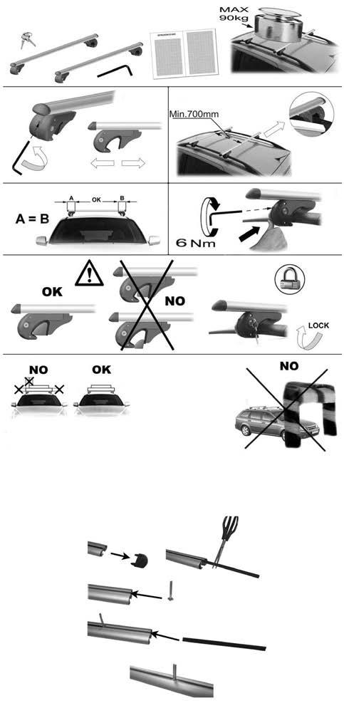 HU Autós alumínium csomagtartó tetősínhez Kezelési útmutató Fig. 1 Fig. 2 Fig. 3 Fig. 4 jó minőségű alumínium csomagtartó Alu tetősínnel szerelt járműveknél is használható max.