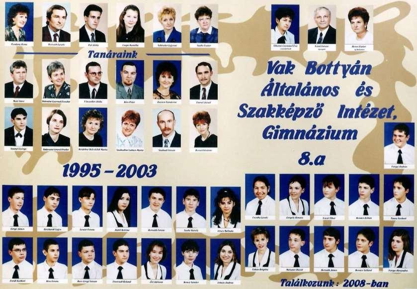 1995-2003 8. o Tanárok: 1. sor Pordány Ilona, Horváth László alsós ofő., Pál Attila, Csapó Kamilla, Schiszler Lajosné alsós ofő., Szabó Eszter, Tiborné Czemmel Éva ofő., Vámi István ig.