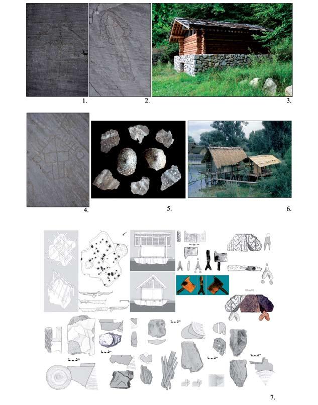 Emberi ábrázolás a Változások korában, 4000 és 2000 BC között 123 5. Tábla: 1 2. Stelzbau-k ábrázolása sziklavéseten, Val Camonica. 3. Az épületek rekonstruckiója, Val Camonica Régészeti park. 4. Pfahlbau ábrázolása sziklavéseten, Val Camonica.