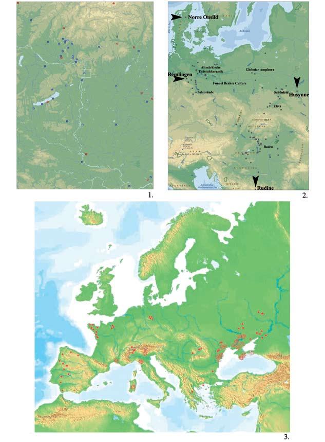 Emberi ábrázolás a Változások korában, 4000 és 2000 BC között 119 3. Tábla: 1. Tipikus lapos, női, fej nélküli és atipikus Baden idolok elterjedése. 2. Szarvasmarha áldozatok 3500 2000 BC közt.