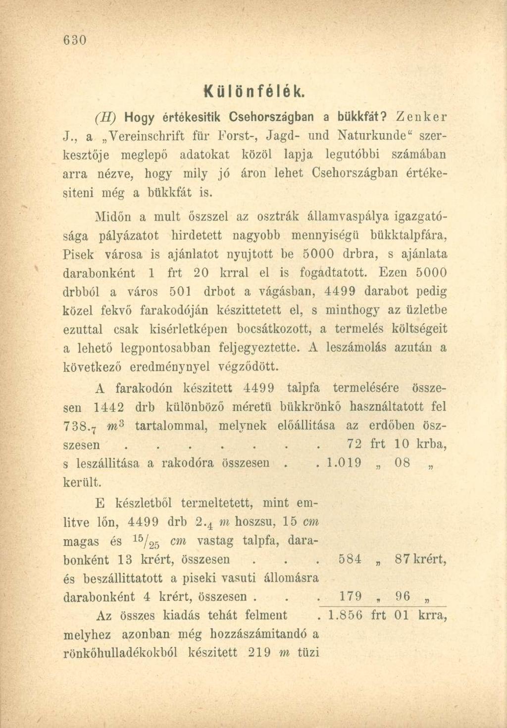 Különfélék. (H) Hogy értékesitik Csehországban a bükkfát? Zenker J.