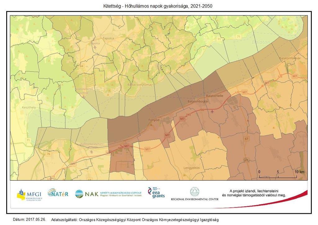 Kitettség - Hőhullámos napok gyakorisága, 2021-2050 A térkép a klímamodell 2021-2050 időszakában a