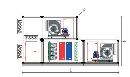 Confi guration 3 steel outside, insulating material; and transmission with belt; > Mixing box with dampers; > G4 prefi lter and F7 rigid bag fi lter; > Cu-Al 6 row cooling coil; Airfl ow m 3 /h Pa kw