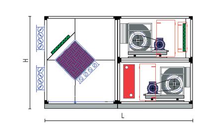 Confi guration 5 > G4 prefi lter on the side; > G4 prefi lter on the fresh air side; > Crossfl ow heat recovery with built-in bypass damper for free-cooling mode, fresh air damper and exhaust air