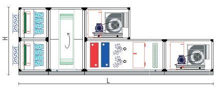 > G4 prefi lter on the side and on the fresh air side; > Thermal wheels heat recovery with fresh air damper and air damper; > F7 rigid bag fi lter; > Cu-Al 4 row cooling coil; efficiency power m 3 /h