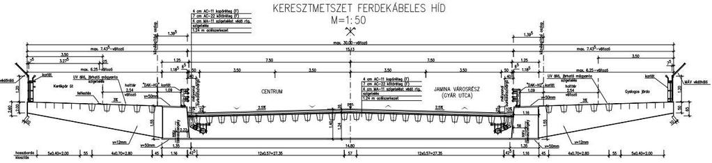 Acélhíd: előszerelőtér - konzolokhoz szerelőtér merevítő főtartó doboz keresztmetszetű, diafragmákkal erősítve pályaszerkezet ortotróp szerkezet, kereszttartóval és trapézbordával merevítve konzolok