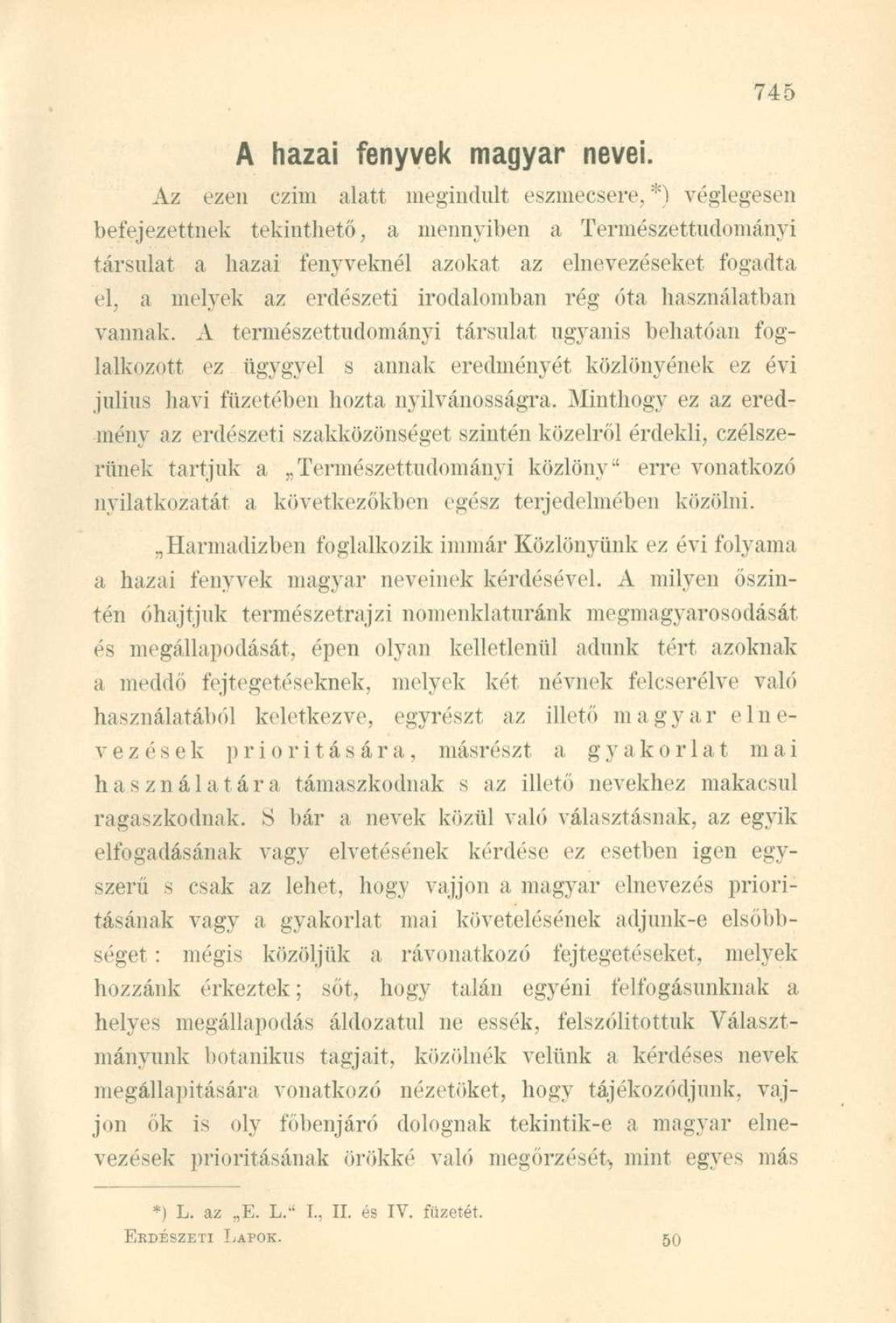 A hazai fenyvek magyar nevei.