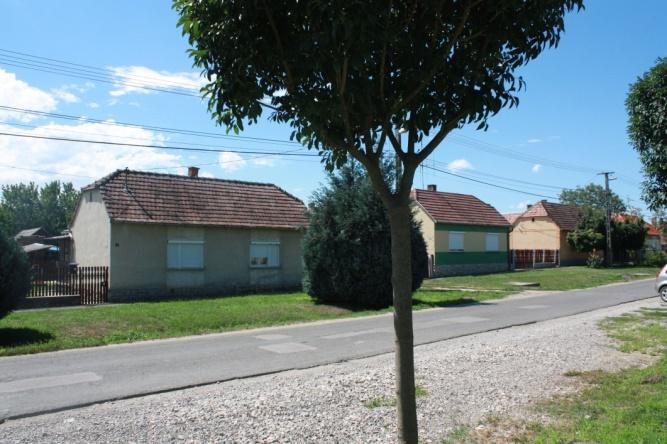 A széles utcán az útfelület és a házak között jelentős méretű zöldsáv húzódik.