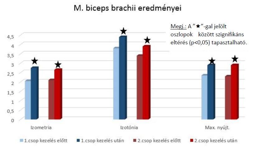 Kiválasztottam a 3 legrosszabb állapotban lévő izmot mindkét csoportban, amit diagramon szemléltetek.