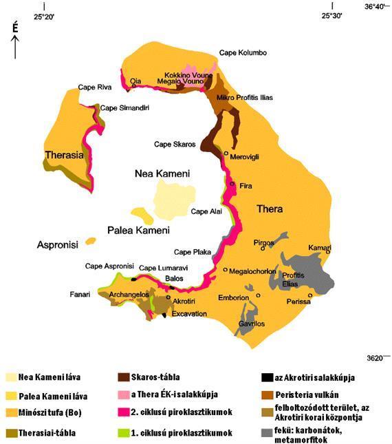 4.4. ábra: A Thera jelenlegi kalderájának földtani felépítése A vizsgálatok alapján négy fő kitörési fázis volt, valamint egy kis előzetes hamuszózás.