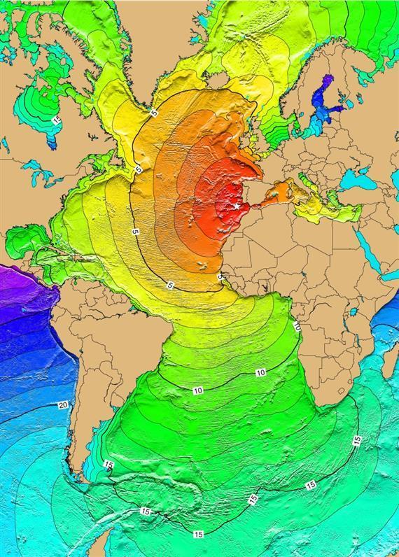 4.9. ábra: Az 1755-ös lisszaboni földrengés következtében kialakult cunami terjedési sebessége (a számok az izovonalakon órában értendők) Mivel ezt a földrengést vizsgálták először részletesen,