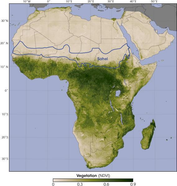 12.1. ábra: A Száhel-övezet földrajzi elhelyezkedése és növényzettel való borítottsága (forrás: www.earthobservatory.nasa.