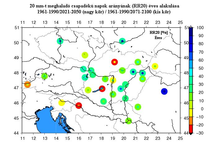 17. ábra A 20 mm-t meghaladó csapadékú napok arányának (RR20) várható éves alakulása a