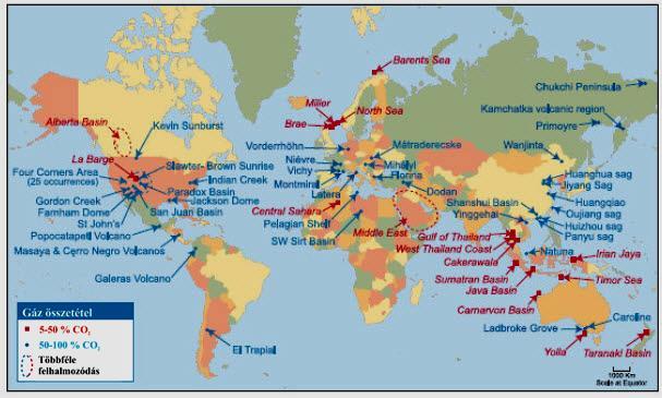 1. ábra: Természetes CO2-felhalmozódások előfordulása a Földön (IPCC 2010). Az eddigi kutatások eredményei azt mutatják, hogy a CO2-besajtolás hatására a pórusfluidum ph-ja lecsökken, kb.