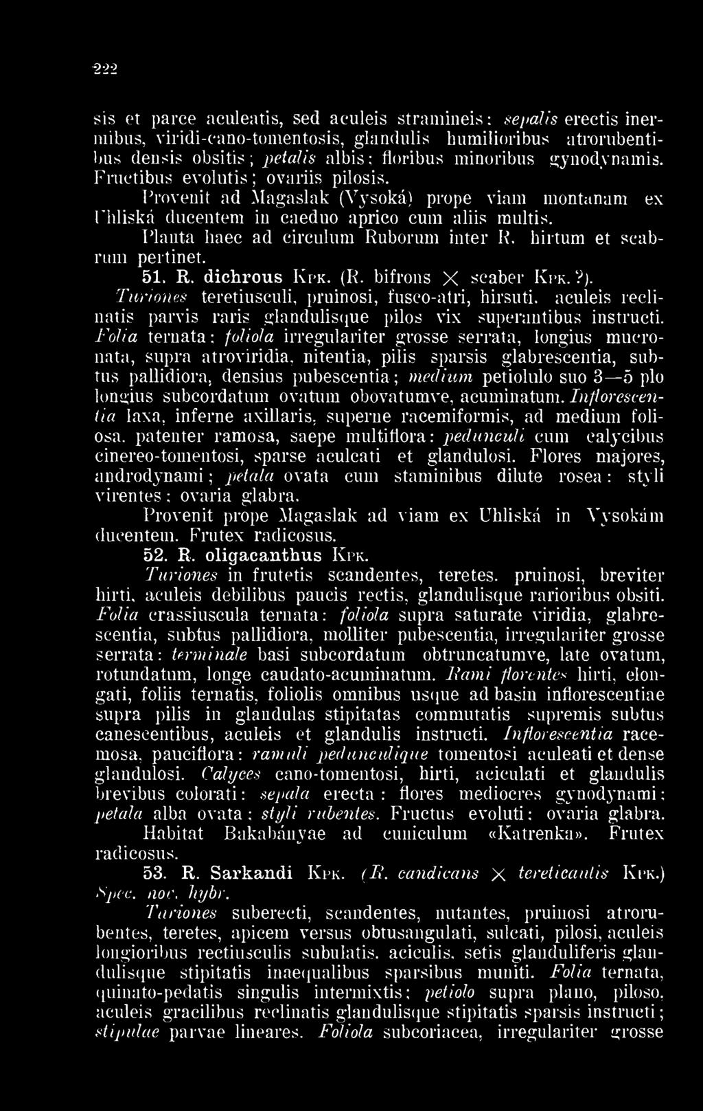 gynodvnamis. Fructibus evolutis ovariis pilosis. Provenit ad Magaslak (Vysoká) prope viam montanam ex Uhliská ducentem in caeduo aprico cum aliis raultis. Hanta liaee ad circulum Ruborum inter R.