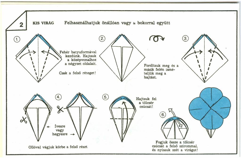KS VlRAG Felhasználhatjuk önállóan vagy ét. bokorral együtt ~ "' Fehér batyuformával :"" kezdünk. Hajtsuk la középvonajhoz a négyzet oldalait. Csak a felső réteget!