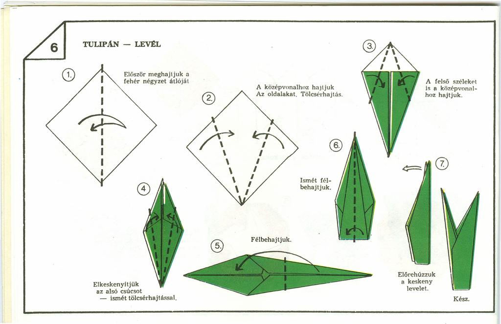 TULPAN - LEvtL Először meg et hajtjuk átlóját fehér négyz a A középvona Az oldalakat. lhoz hajtjuk. Tölcsérhajtás. A felső szélek t Js a középvonnhoz hajtjuk.