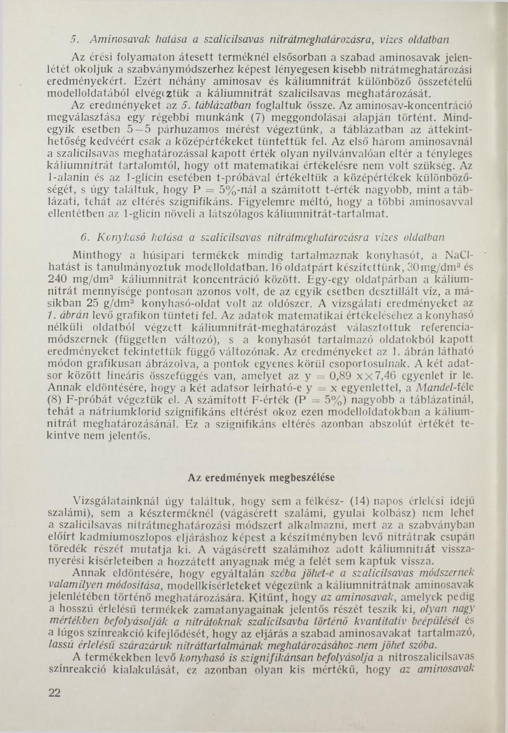 5. Aminosavak hatása a szalicilsavas nitrátmeghatározásra, vizes oldatban Az érési folyamaton átesett terméknél elsősorban a szabad aminosavak jelenlétét okoljuk a szabványmódszerhez képest