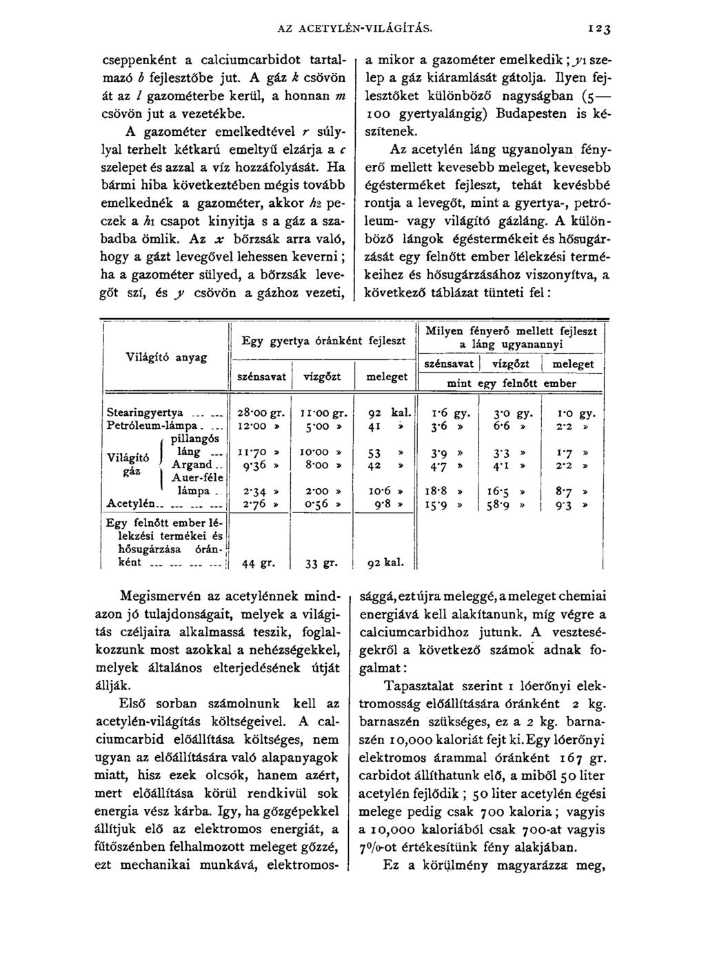 AZ ACETYLÉN-VILÁGÍTÁS. 1 2 3 csepp énként a calciumcarbidot tartalmazó b fejlesztőbe jut. A gáz k csövön át az l gazométerbe kerül, a honnan m csövön jut a vezetékbe.