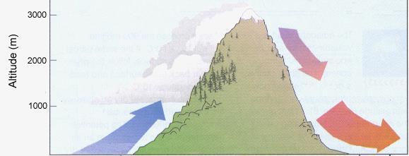 Ha egy orografikus akadály miatt a légtömeg felemelkedésre kényszerül, milyen időjárás várható a hegy túloldalán?