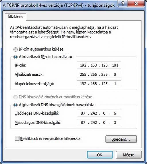 27. ábra: IP cím beállítás megadása Ha a hálózaton DHCP kiszolgáló működik, akkor engedélyezhetjük az automatikus beállítások használatát, így az eszköz indításakor a rendelkezésre