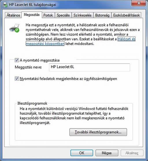 29. ábra: Hoston telepített nyomtató megosztása a hálózat felé