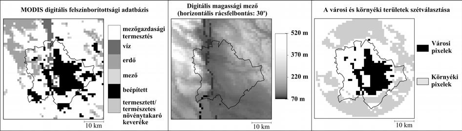 6. ábra: A városi és városkörnyéki területek szétválasztása (jobbra) a MODIS felszínborítottsági adatbázis (balra) és a digitális magassági mező (középen) felhasználásával Budapest agglomerációs