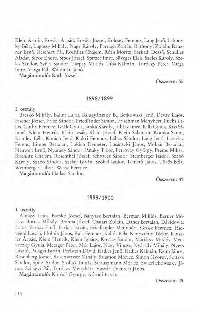 Klein Ármin, Kovács Árpád, Kovács József, Kölcsey Ferencz, Lang Jenő, Lehoczky Béla, Lugossy Mihály, Nagy Károly, Parragh Zoltán, Ráthonyi Zoltán, Rauzner Ernő, Reichert Pál, Rochlitz Chájem, Róth