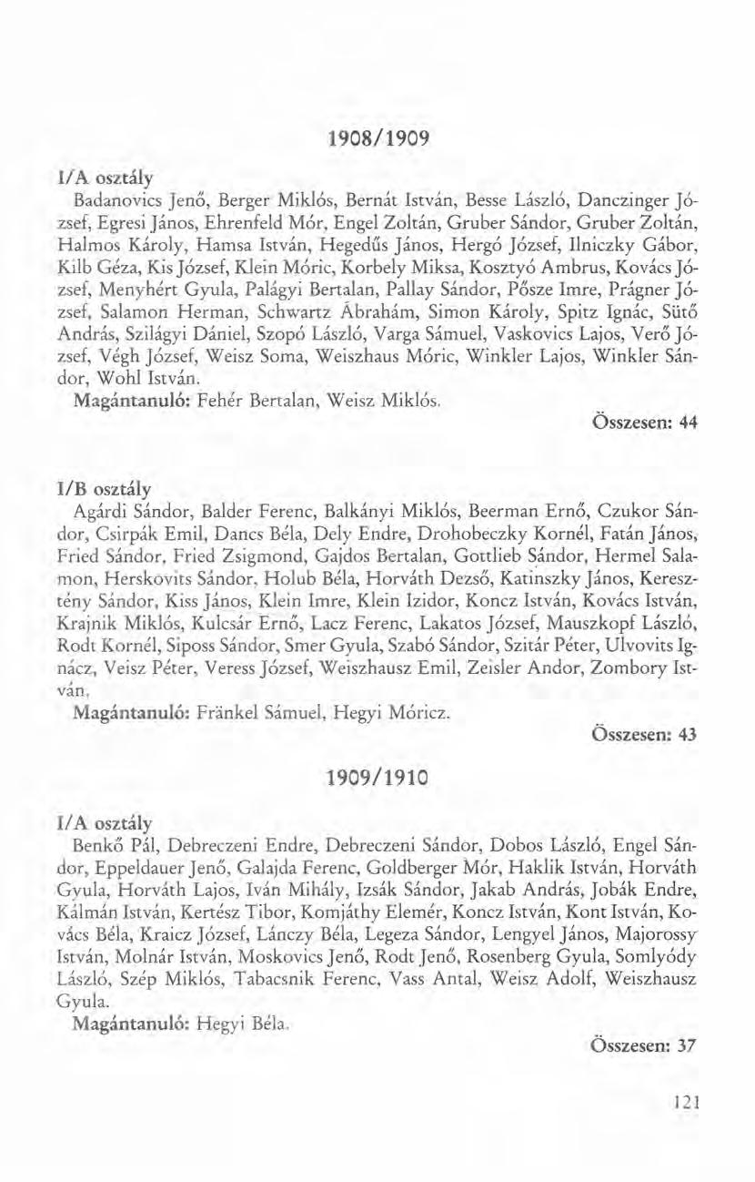 1908/1909 IIA osztály Badanovics Jenő, Berger Miklós, Bernát István, Besse László, Danczinger József, Egresi János, Ehrenfeld Mór, Engel Zoltán, Gruber Sándor, Gruber Zoltán, Halrnos Károly, Hamsa