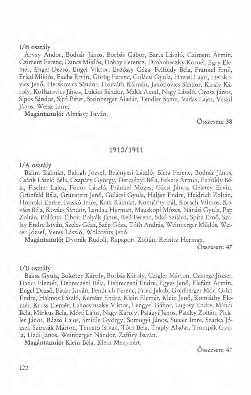 I/B osztály Árvay Andor, Bodnár János, Borbás Gábor, Barta László, Cziment Ármin, Cziment Ferenc, Dancs Miklós, Dobay Ferencz, Drohobeczky Kornél, Egry Elemér, Engel Dezső, Engel Viktor, Erdőssy