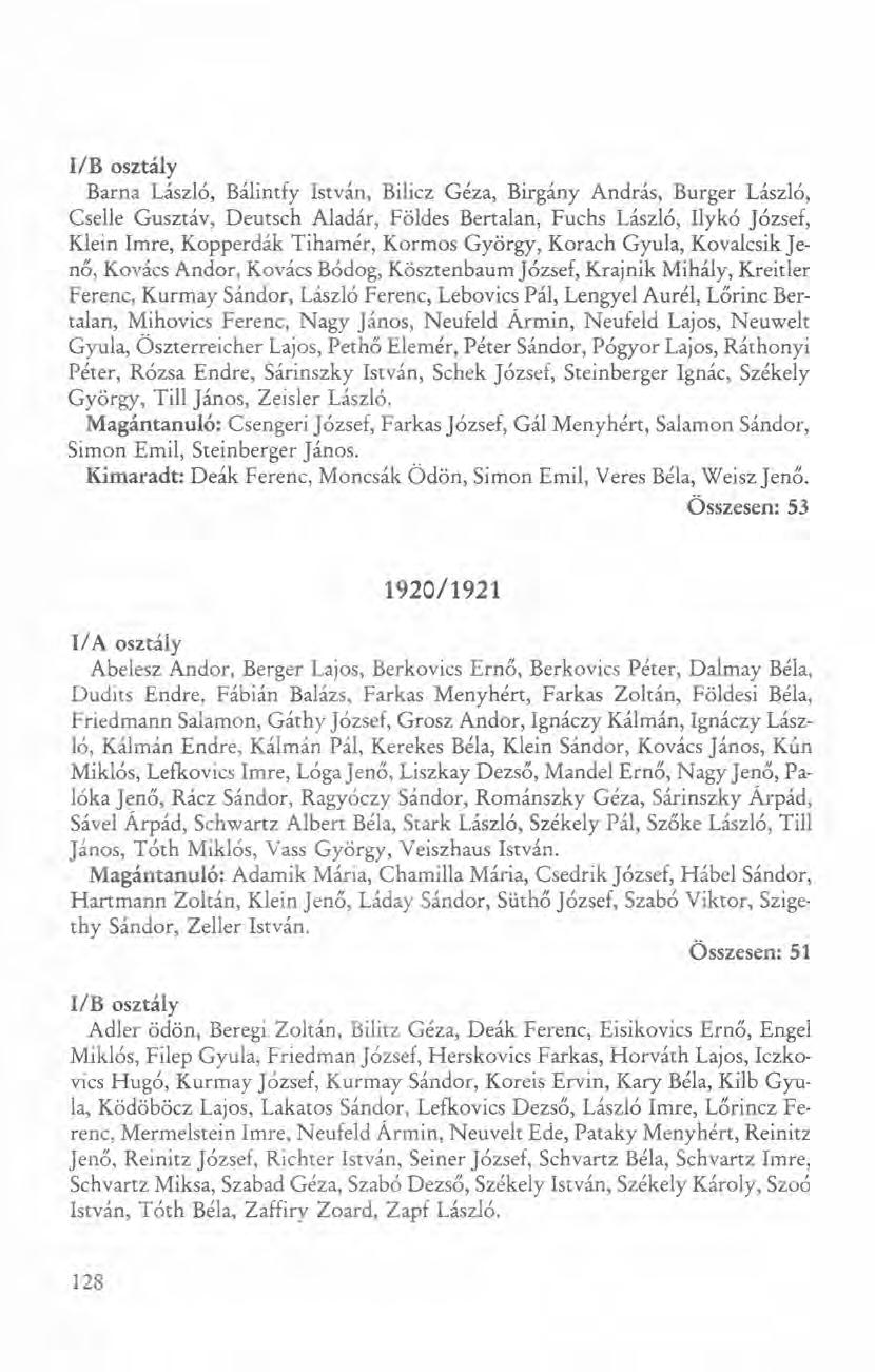 I/B osztály Barna László, Bálintfy István, Bilicz Géza, Birgány András, Burger László, Cselle Gusztáv, Deutsch Aladár, Földes Bertalan, Fuchs László, Ilykó József, Klein Imre, Kopperdák Tihamér,