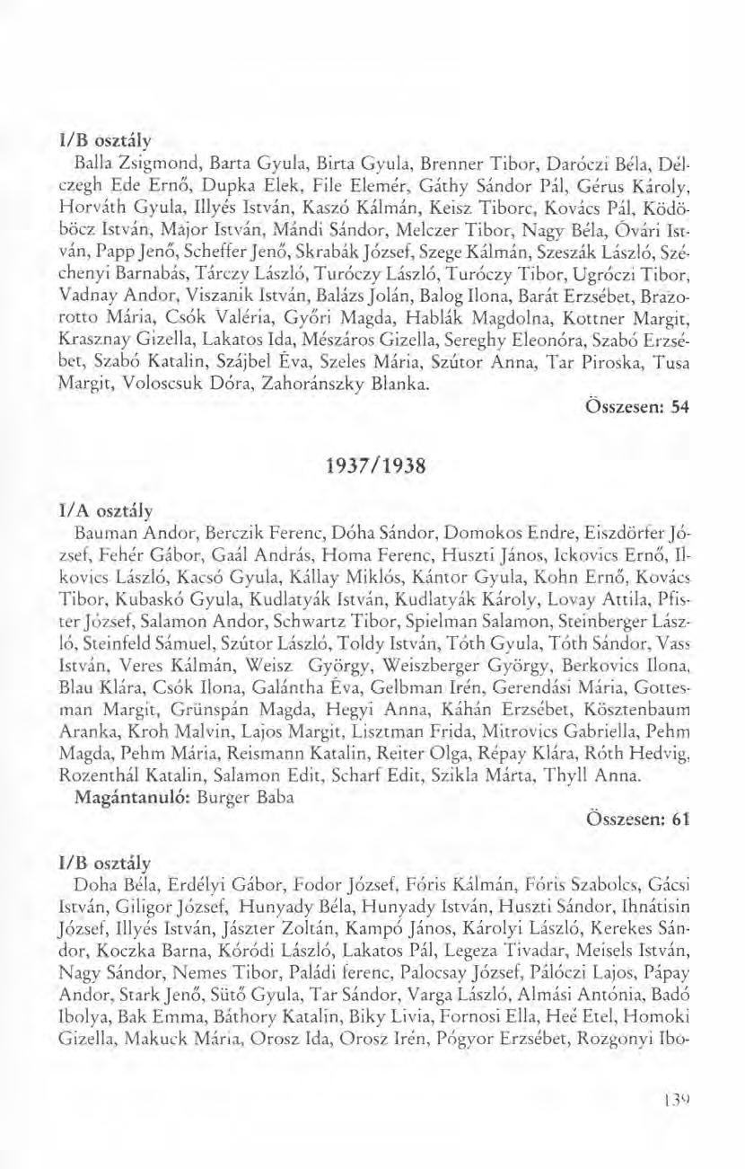 I1B osztály Balla Zsigmond, Barta Gyula, Birta Gyula, Brenner Tibor, Daróczi Béla, Délczegh Ede Ernő, Dupka Elek, File Elemér, Gáthy Sándor Pál, Gérus Károly, Horváth Gyula, Illyés István, Kaszó