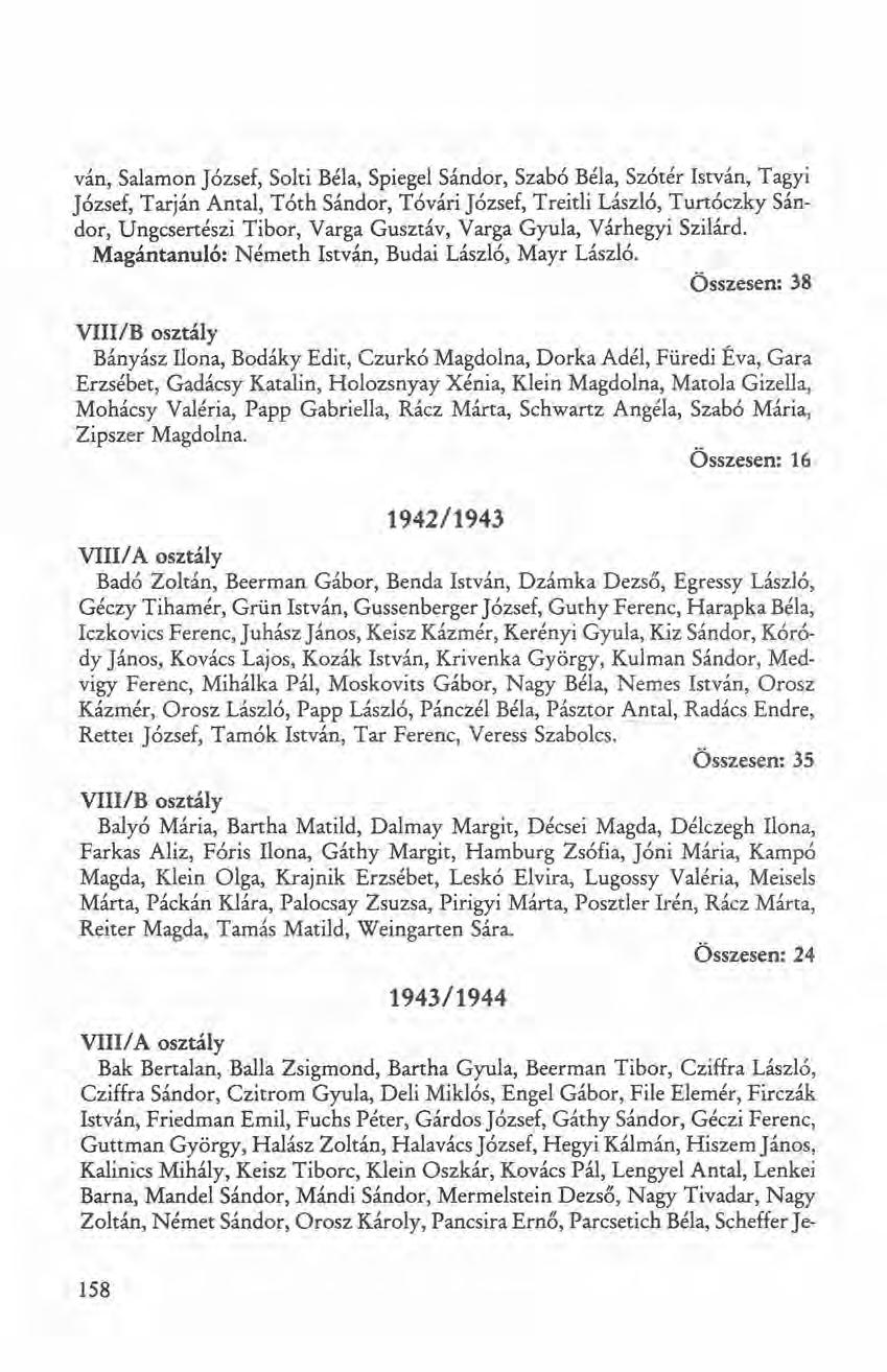 ván, Salamon József, Solti Béla, Spiegel Sándor, Szabó Béla, Szótér István, Tagyi József, Tarján Antal, Tóth Sándor, Tóvári József, Treitli László, Turtóczky Sándor, Ungcsertészi Tibor, Varga