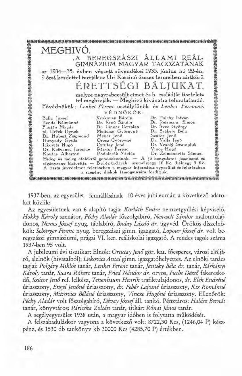 r~~7;~~~~~~~~ ~.A BEREGSZÁSZI ÁLLAMI REÁL. ~ ~ GIMNÁZIUM MAGYAR TAGOZATÁNAK ~ ~ az 1934-35. évben végze~t növ~ndékei 1935. június hó 22.