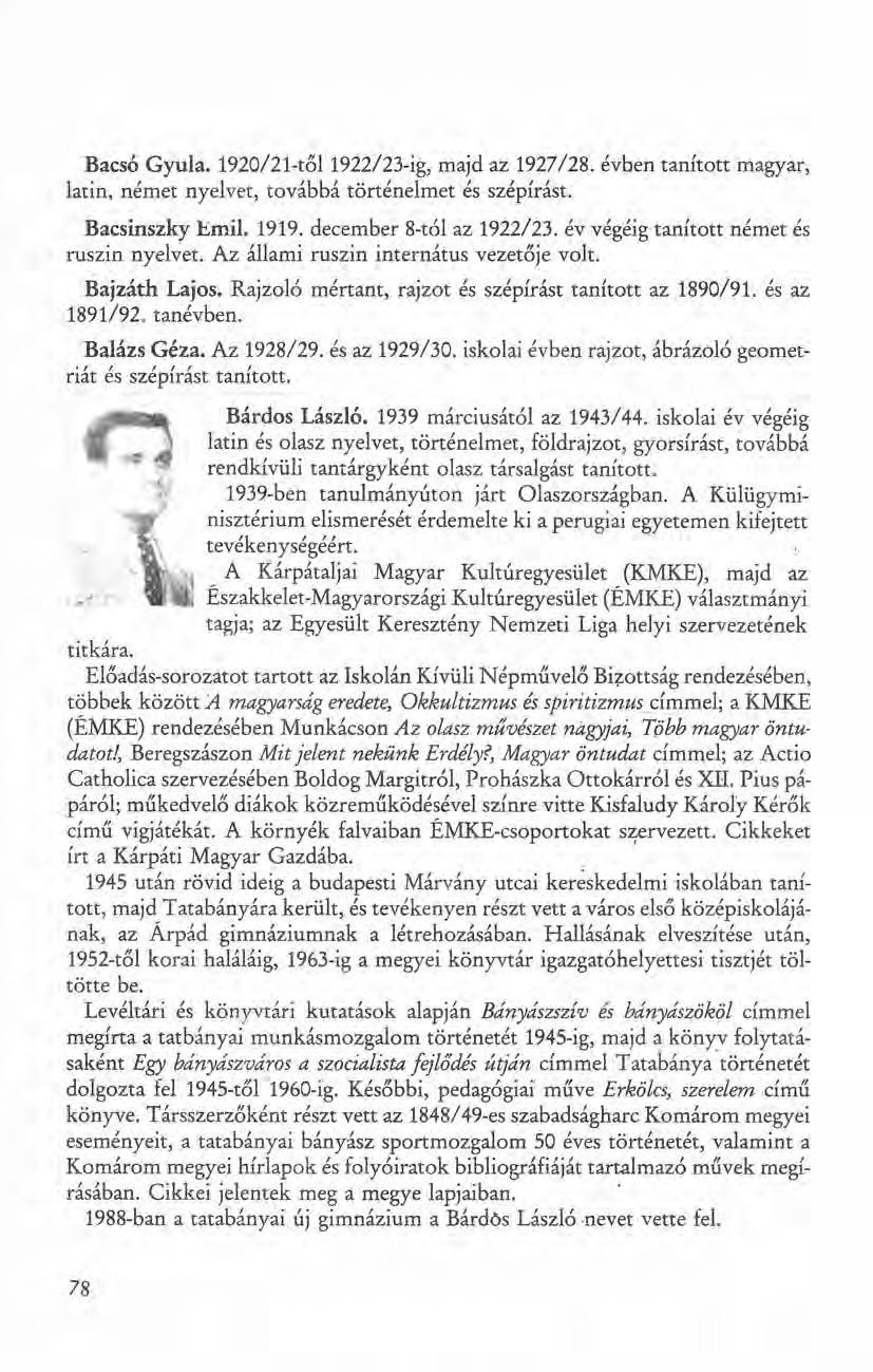 Bacsó Gyula. 1920/21-tőI1922/23-ig, majd az 1927/28. évben tanított magyar, latin, nérnet nyelvet, továbbá történelmet és szépírást, Bacsinszky Emil. 1919. december 8-tóI az 1922/23.