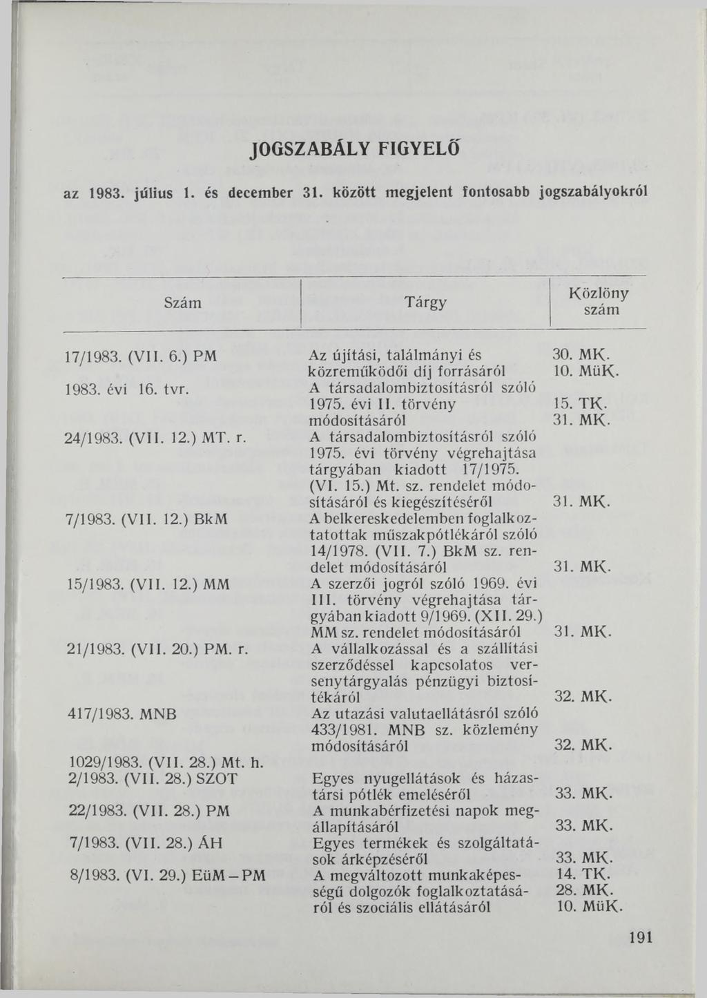 JOGSZABÁLY FIGYELŐ az 1983. július 1. és december 31. között megjelent fontosabb jogszabályokról Szám Tárgy 17/1983. (VII. 6.) PM 1983. évi 16. tvr. 24/1983. (VII. 12.) MT. r. 7/1983. (VII. 12.) BkM 15/1983.