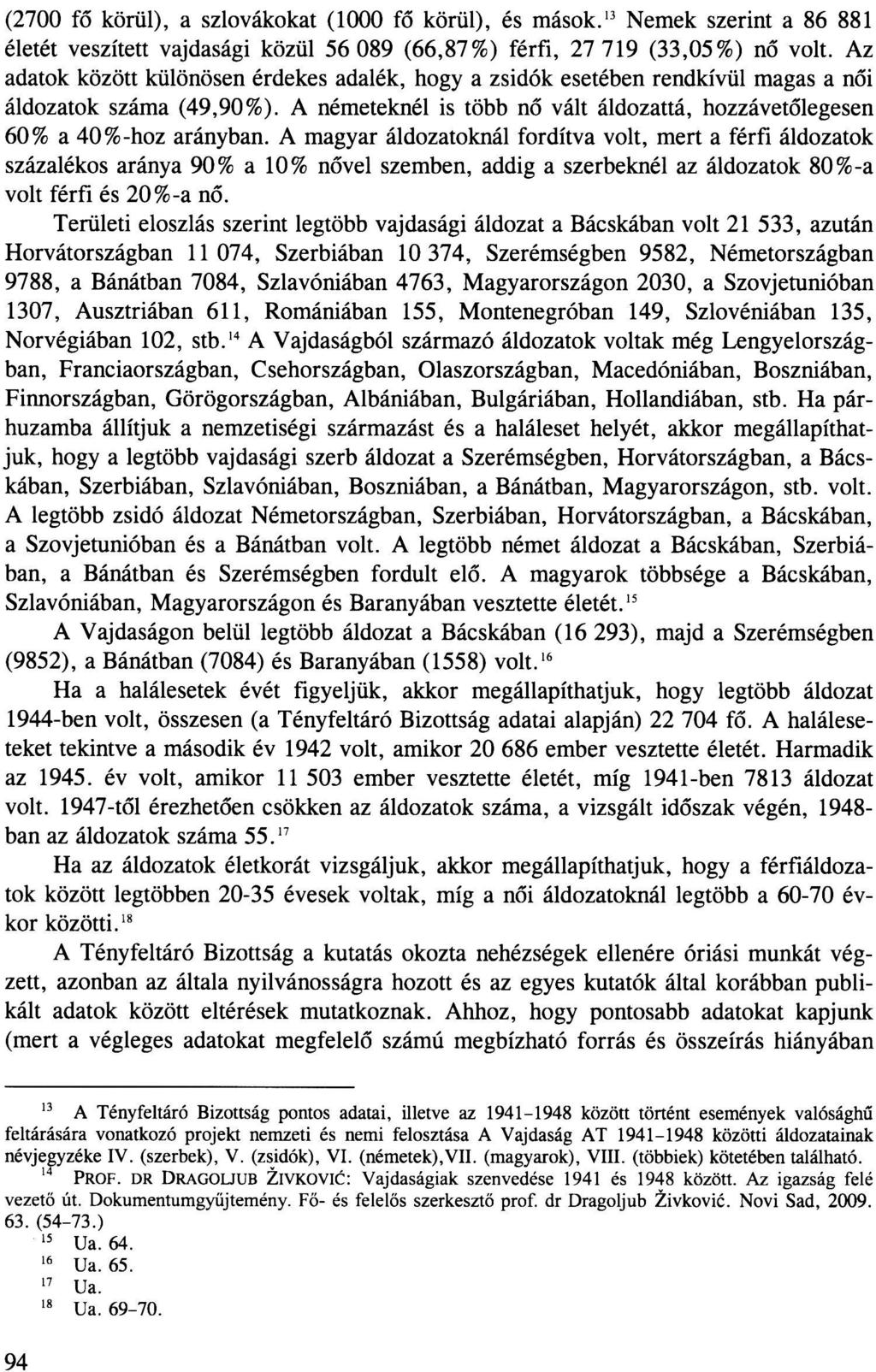 (2700 fő körül), a szlovákokat (1000 fő körül), és mások. 13 Nemek szerint a 86 881 életét veszített vajdasági közül 56 089 (66,87%) férfi, 27 719 (33,05%) nő volt.