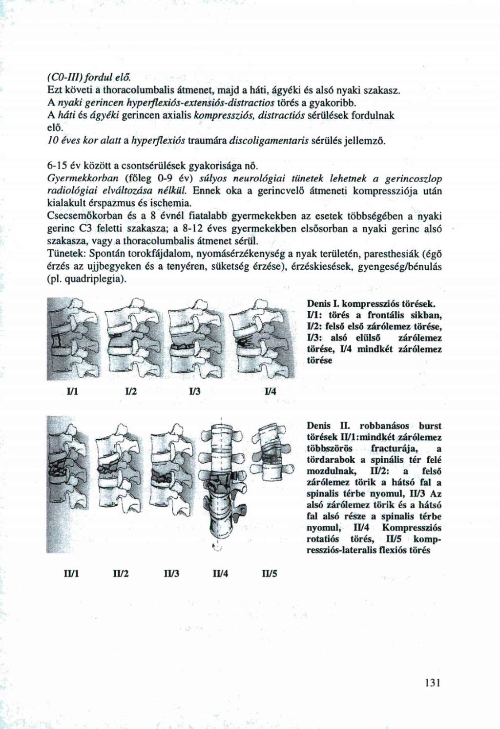 (C0-1II) frdul elő. Ezt követi a thraclumbalis átmenet, majd a háti, ágyéki és alsó nyaki szakasz. A nyaki gerincen hyperflexiós-extensiós-distractis törés a gyakribb.