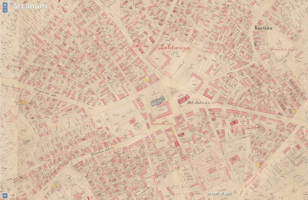 Az 1881-es kataszteri térképen már a mai utcahálózat és a jelentősebb épületek nagy része látható, melyek nagy része megmaradt, jelenleg is látható épület.