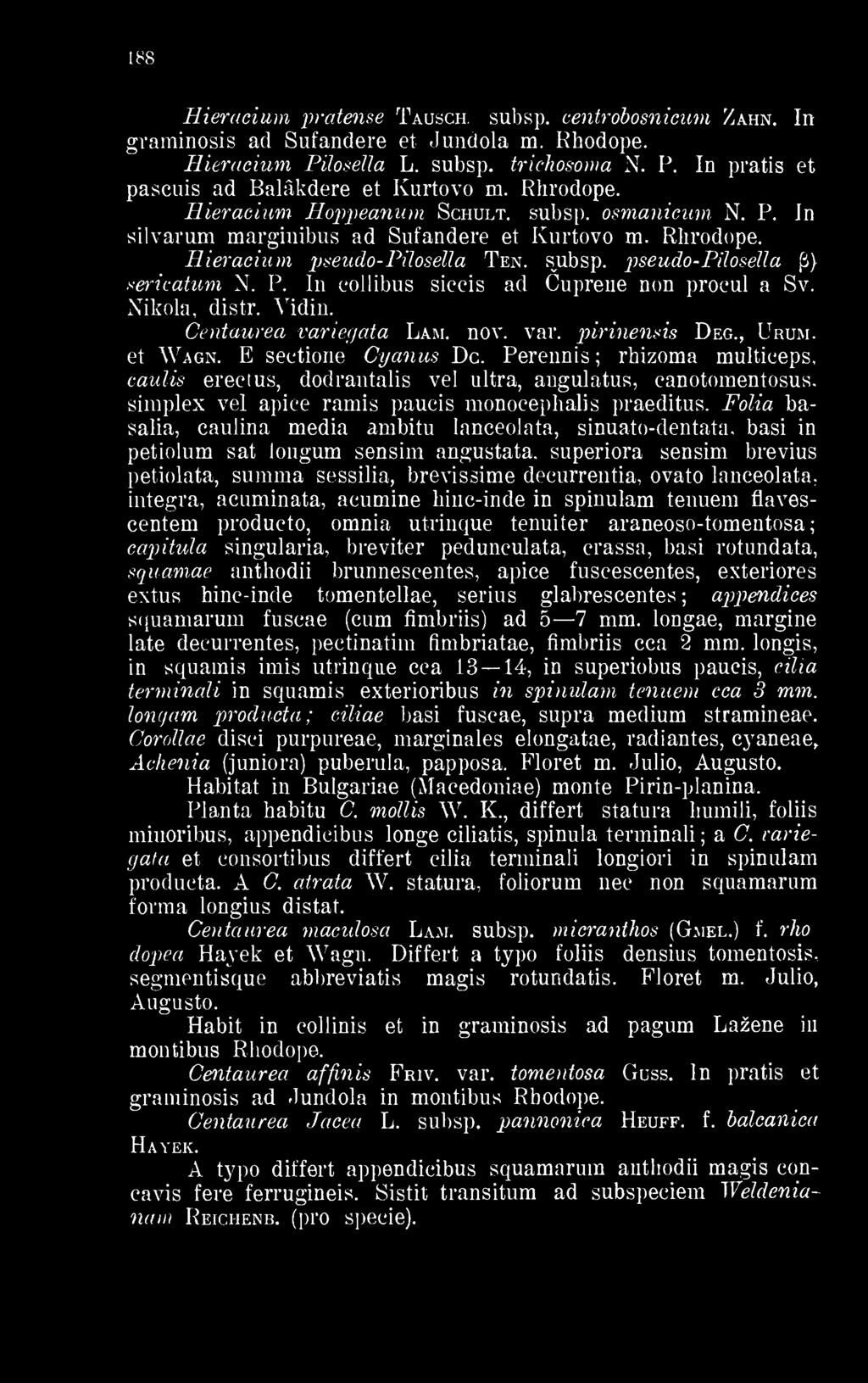 Rhrodope. Hieracium pseudo- Pilosella Ten. subsp. pseudo-pilosella fi} sericatum N. P. In collibus siccis ad Cuprene non procul a Sv. Nikola, distr. Vidin. Centaurea variegata Lám. nov. var. pirinensis Deg.