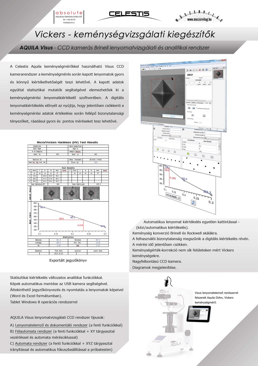 Vickers - keménységvizsgálati kiegészítők AQUILA Visus - CCD komerós Brine/1/enyomatvizsgá/ati és analitikai rendszer A Celestis Aquila keménységrnérökkel használható Visus CCD karnerarendszer a