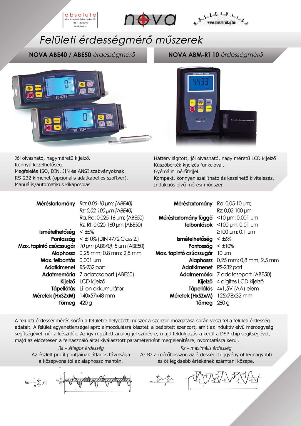 Felületi érdességméró múszerek NOVA ABE40 l ABE50 érdességmérő NOVA ABM-RT 10 érdességmérő Jól olvasható, nagyméretű kijelző. Könnyű kezelhetőség. Megfelelés ISO, DIN, JIN és ANSI szabványoknak.