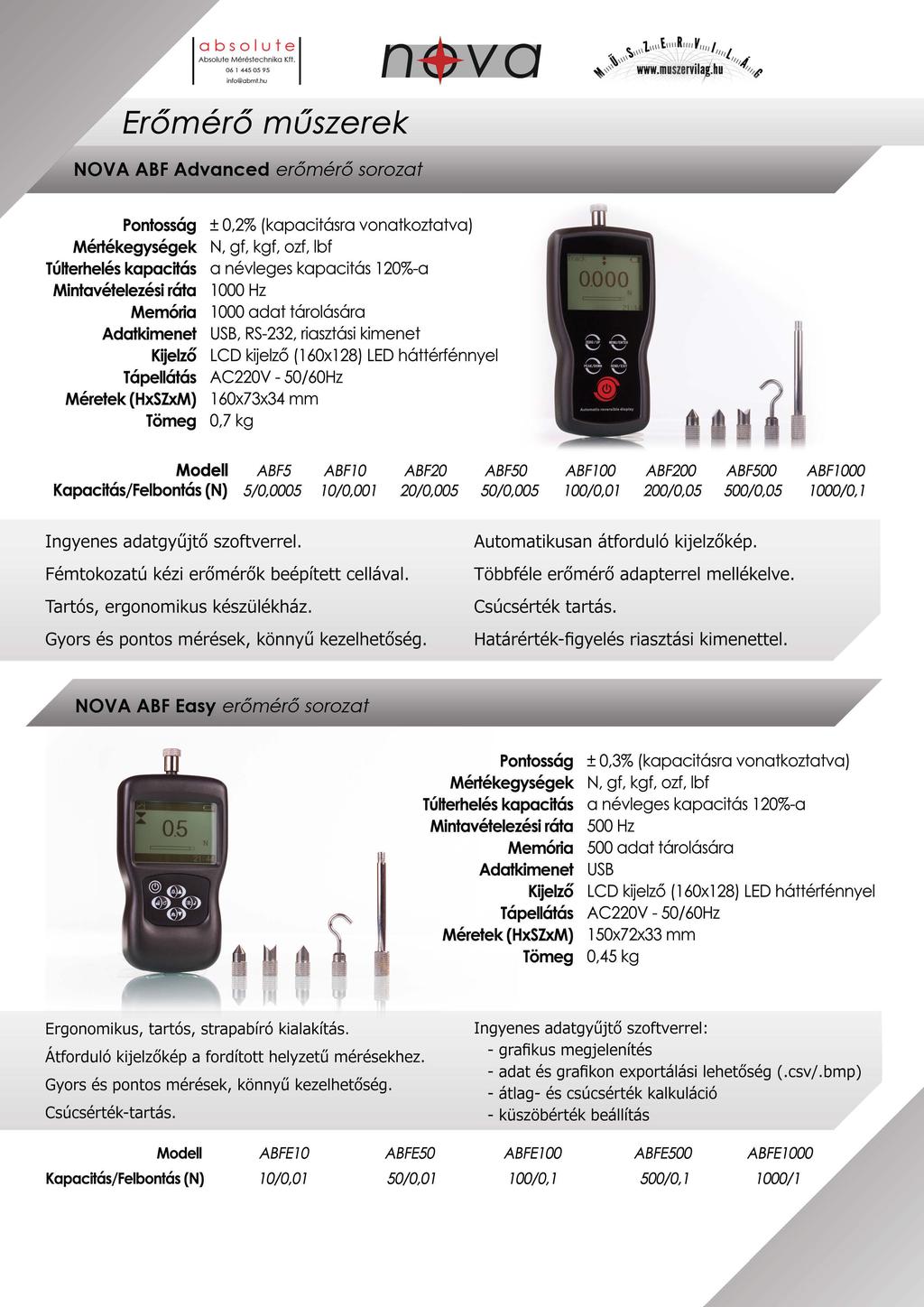 Erőmérő műszerek NOVA ABF Advanced erőmérő sorozat Pontosság ± 0,2% (kapacitásra vonatkoztatva) Mértékegységek N, gf, kgf, ozf, lbf Túlterhelés kapacitás a névleges kapacitás 120%-a Mintavételezési