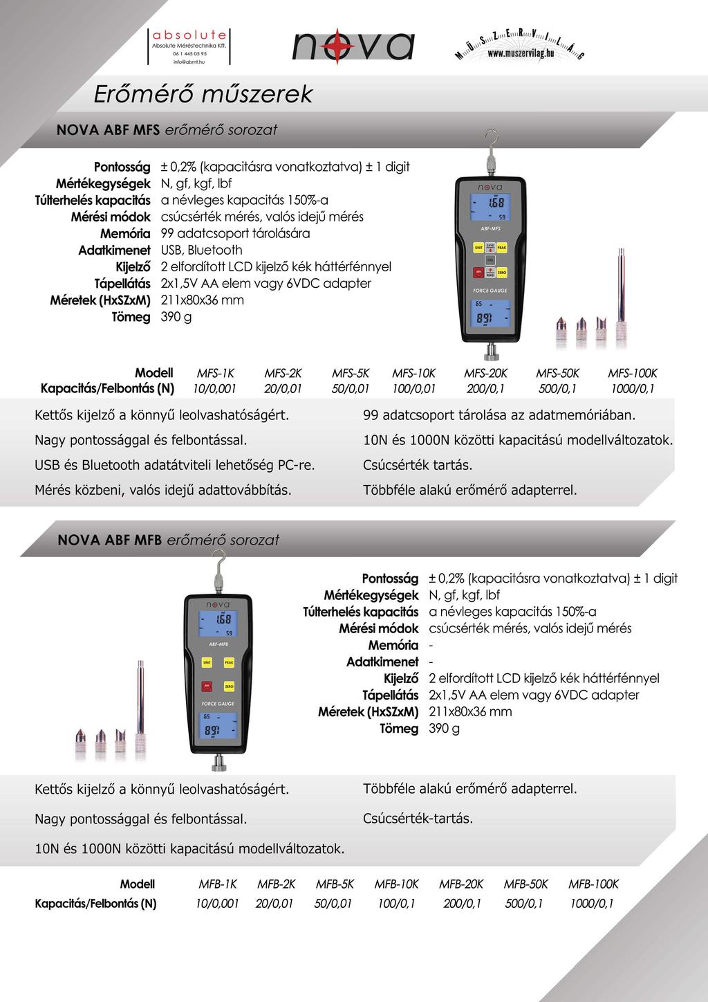 Erőmérő műszerek NOVA ABF MFS erőmérő sorozat Pontosság ± 0,2% (kapacitásra vonatkoztatva)± l digit Mértékegységek N, gf, kgf, lbf Túlterhelés kapacitás a névleges kapacitás 150%-a Mérési módok